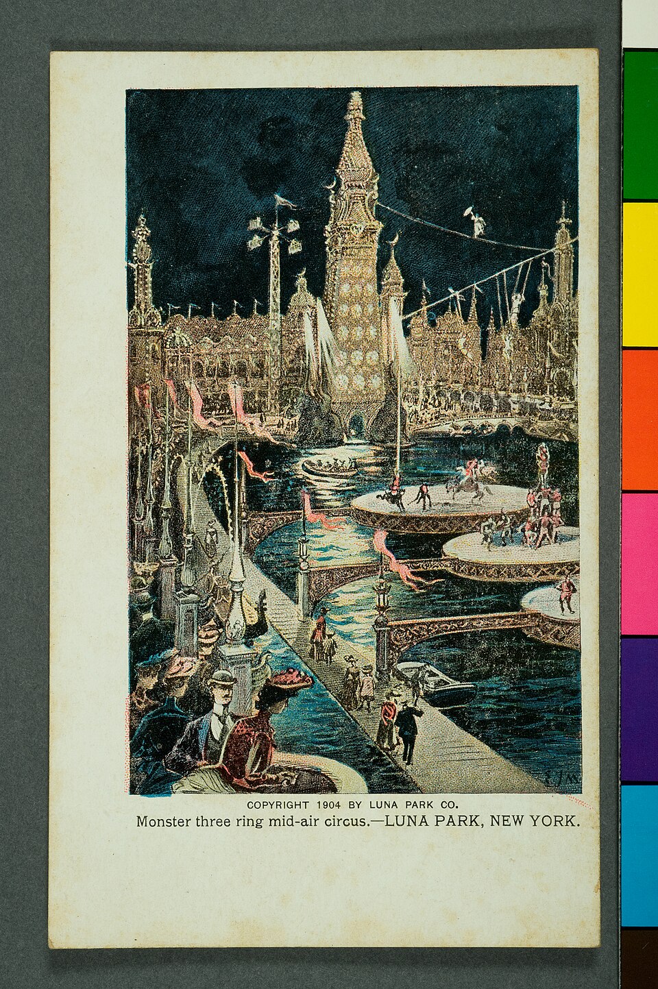 Monster Three Ring Mid- Air Circus. Luna Park, New York: localização e características de impressão, Heliogravura e cartão-postal