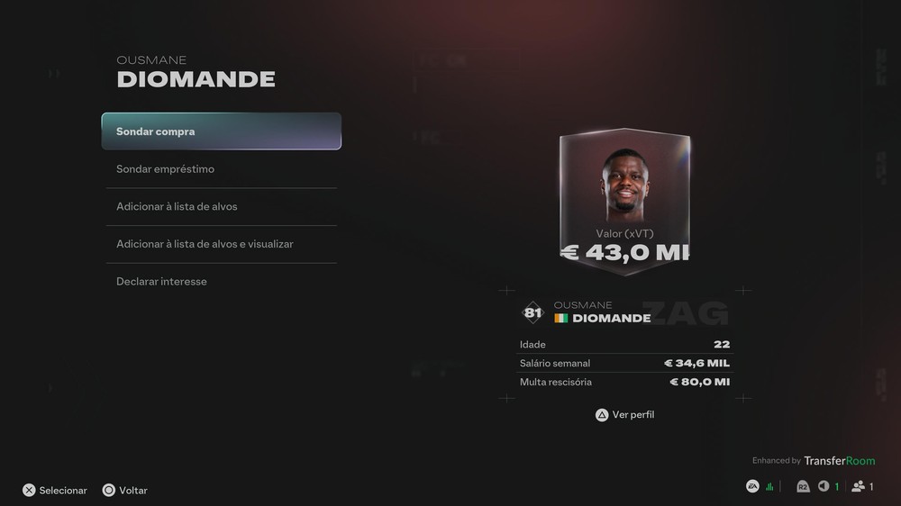 Diomande é um dos zagueiros mais completos do EA FC 27 e tem grande potencial — Foto: Reprodução/Filipe Curitiba