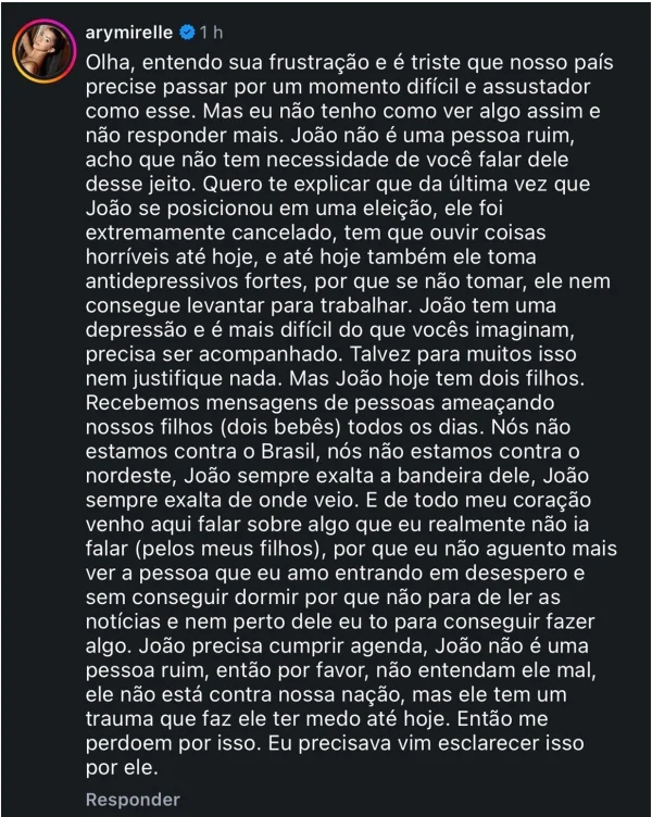 Esposa justifica isenção de João Gomes sobre política: "Ele não é ruim"