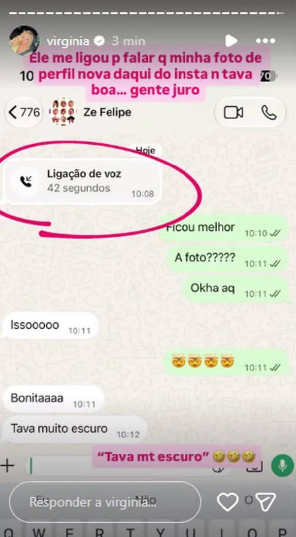 Virginia revela pedido inusitado de Zé Felipe e expõe print de conversa